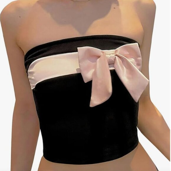 BAIMORE Women's Y2K Colorblock Sleeveless Bow Front Bandeau Top Strapless Crop - Picture 2 of 5